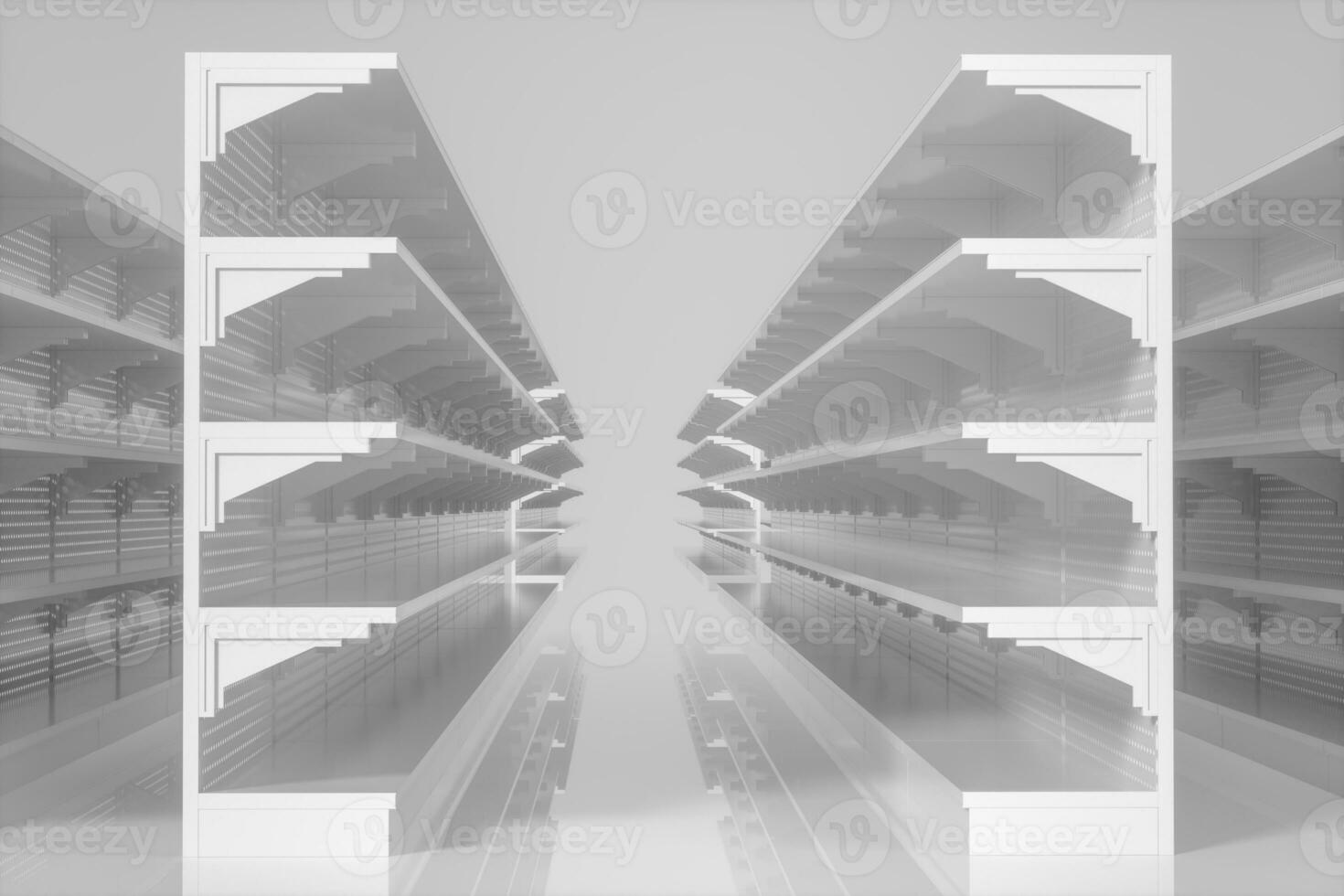 Empty supermarket shelves with white background, 3d rendering. photo