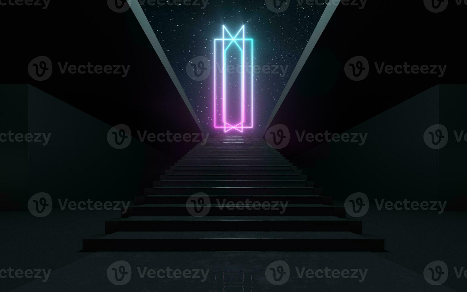 Large steps with glowing neon lines, 3d rendering. photo