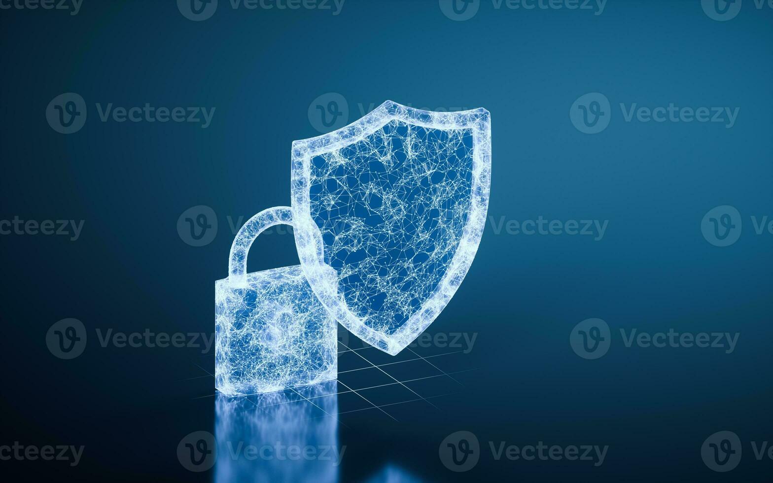 Shield and padlock with blue background, 3d rendering. photo