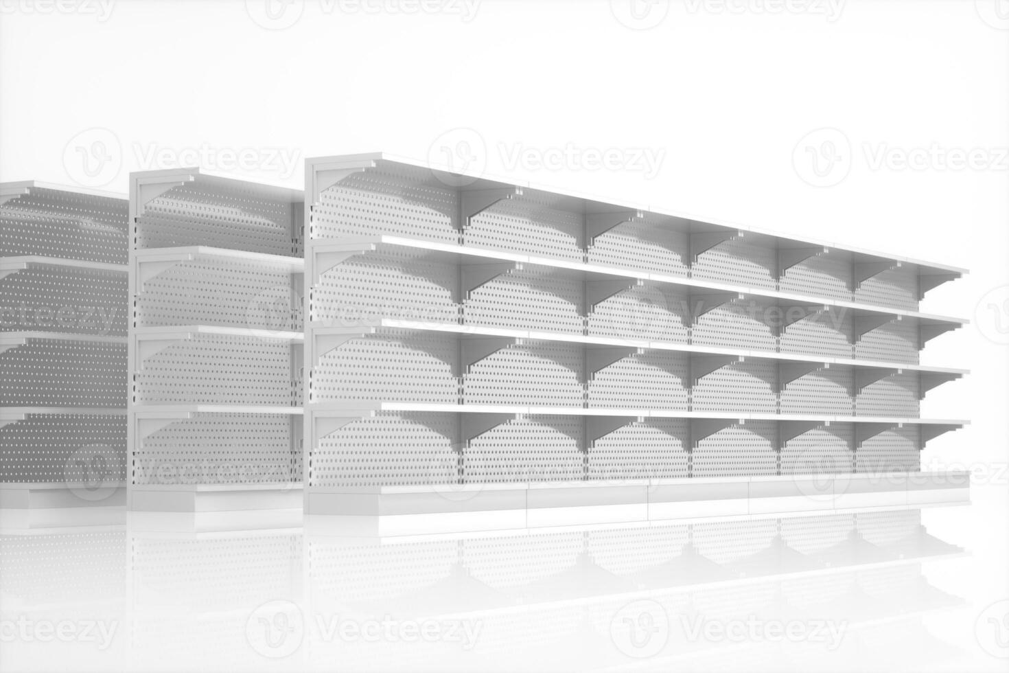 Empty supermarket shelves with white background, 3d rendering. photo