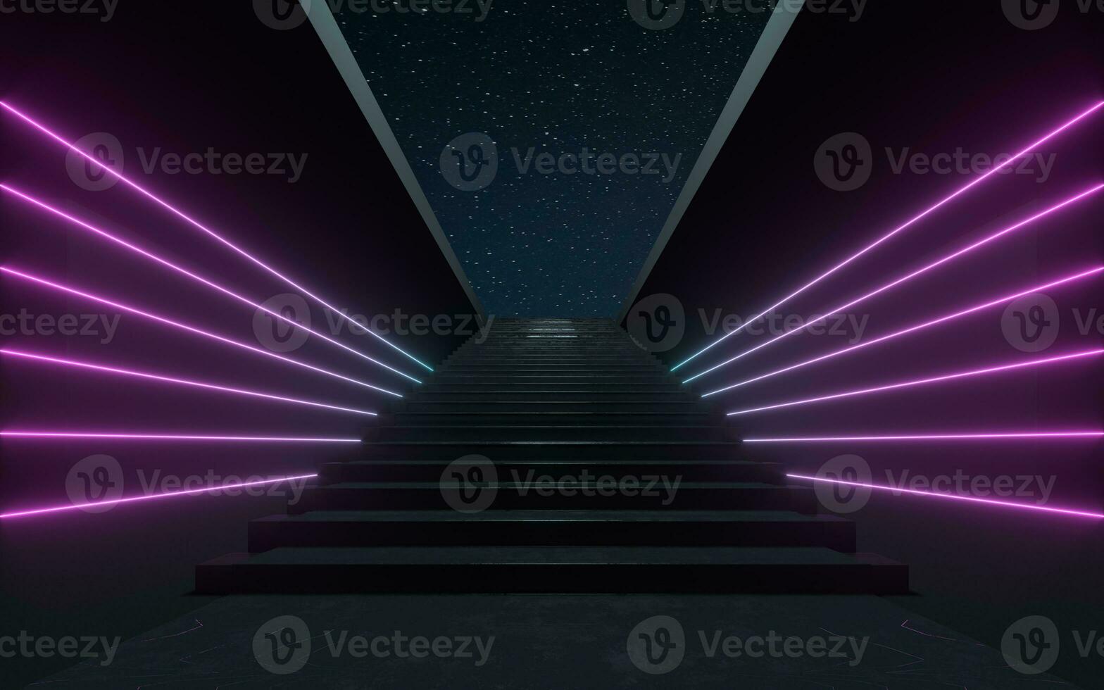 Large steps with glowing neon lines, 3d rendering. photo