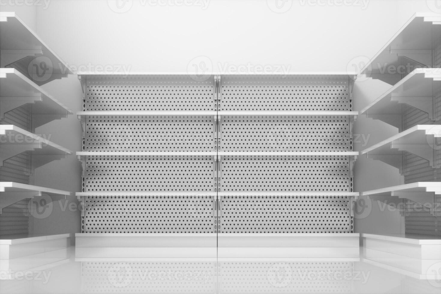 vacío supermercado estantería con blanco fondo, 3d representación. foto