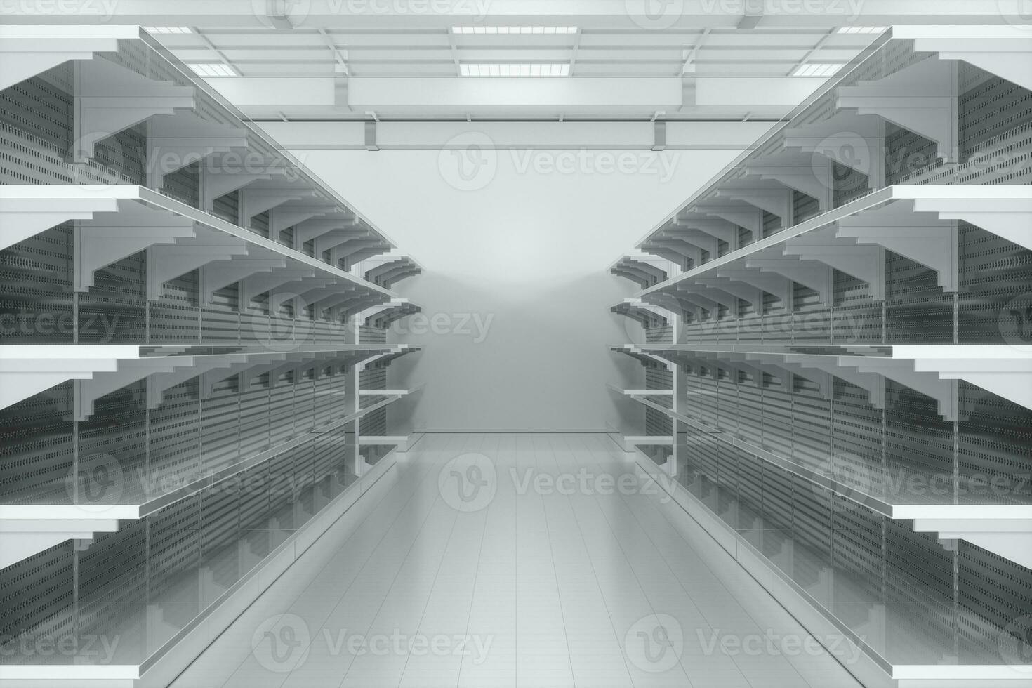 Empty supermarket shelves in the supermarket, 3d rendering. photo