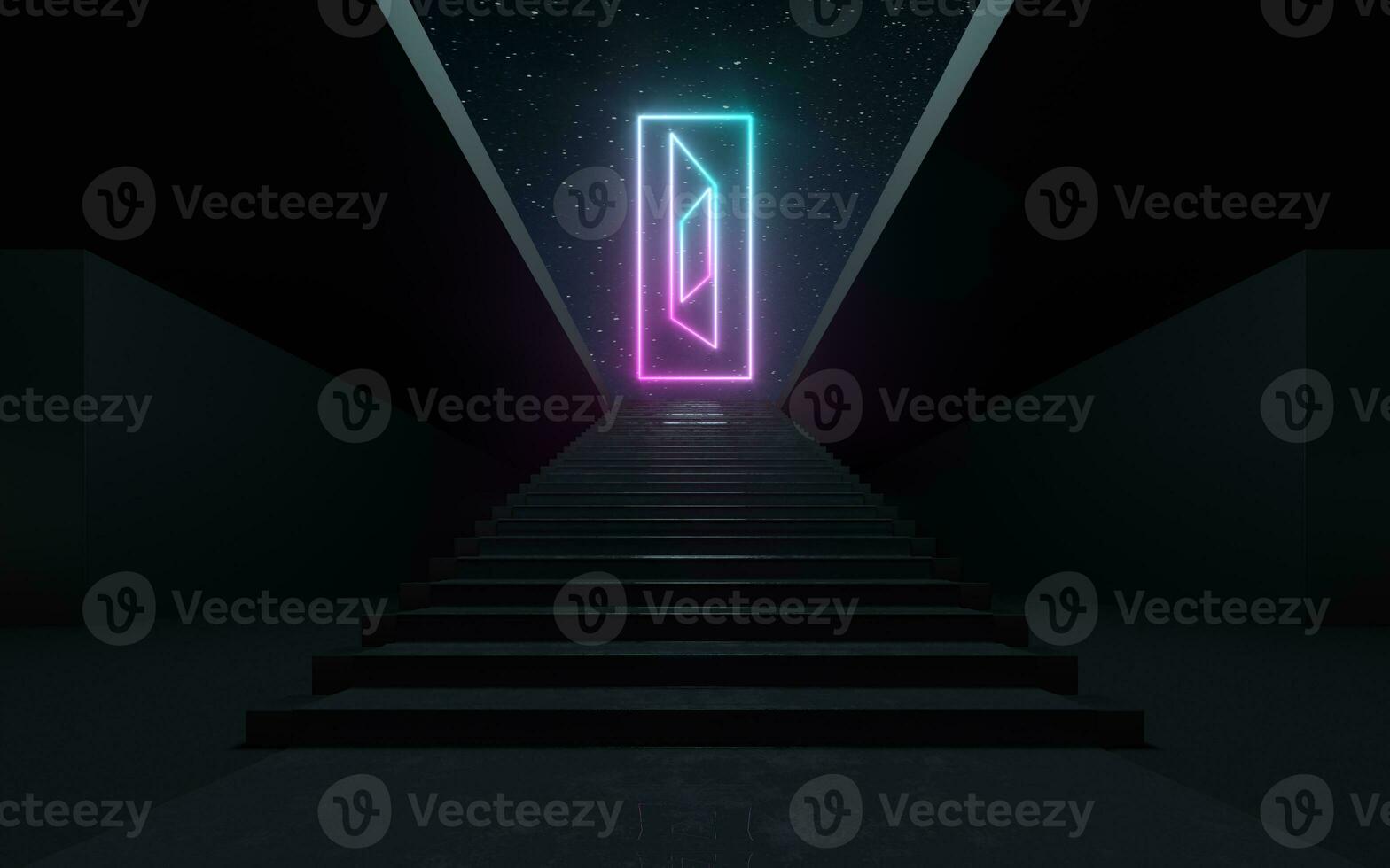 Large steps with glowing neon lines, 3d rendering. photo