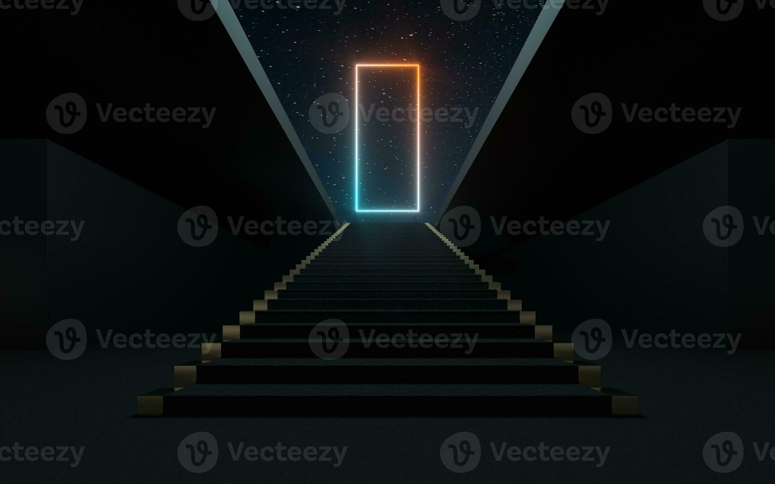 Large steps with glowing neon lines, 3d rendering. photo