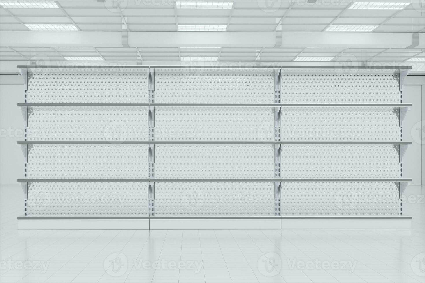 Empty supermarket shelves in the supermarket, 3d rendering. photo