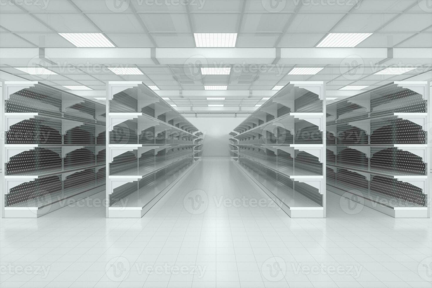 Empty supermarket shelves in the supermarket, 3d rendering. photo