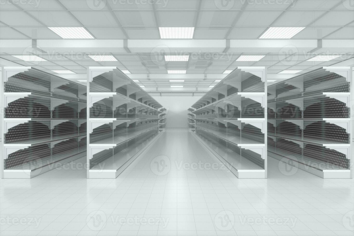 Empty supermarket shelves in the supermarket, 3d rendering. photo