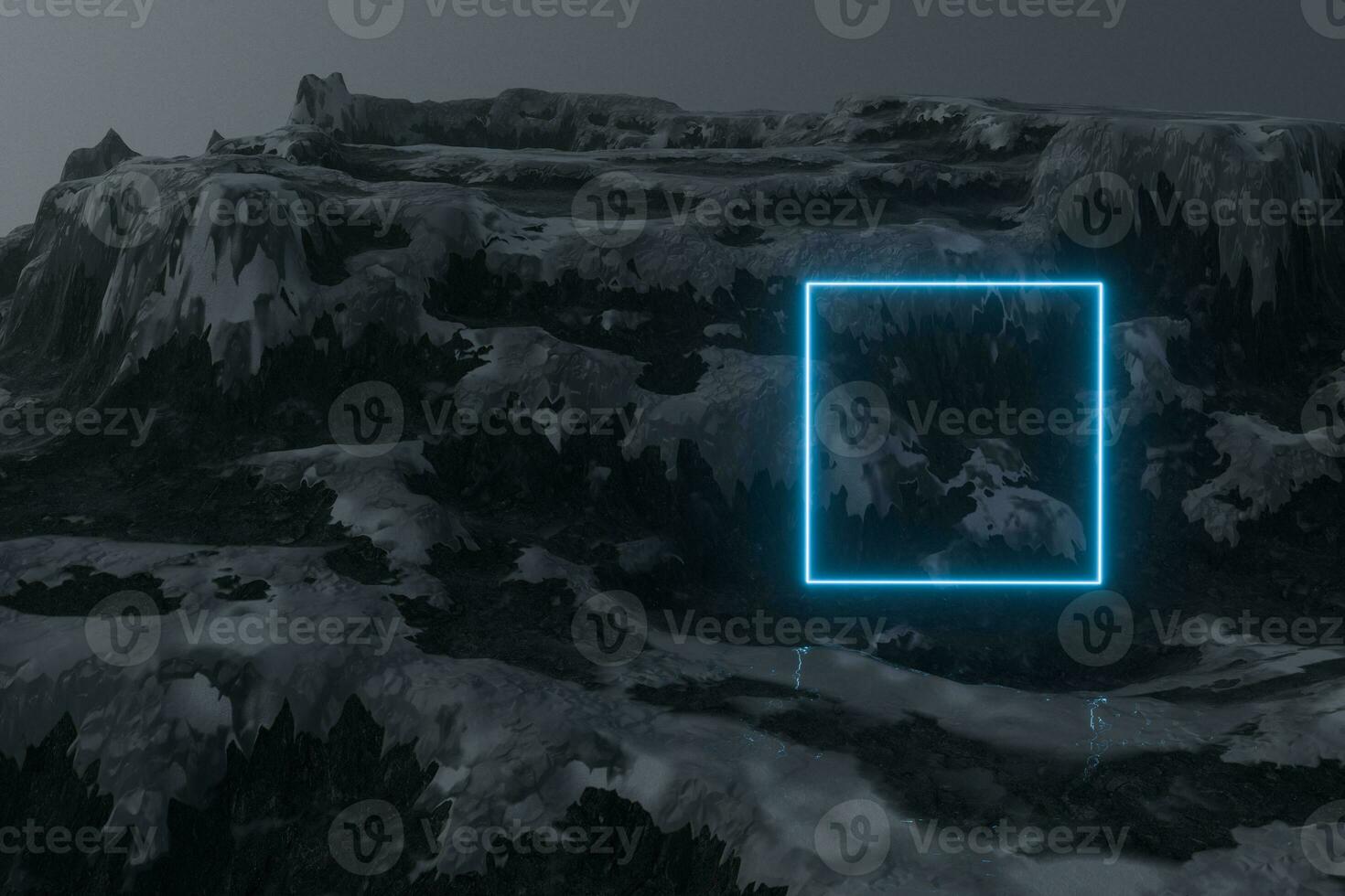 Snow mountain landscape with glowing lines, 3d rendering. photo