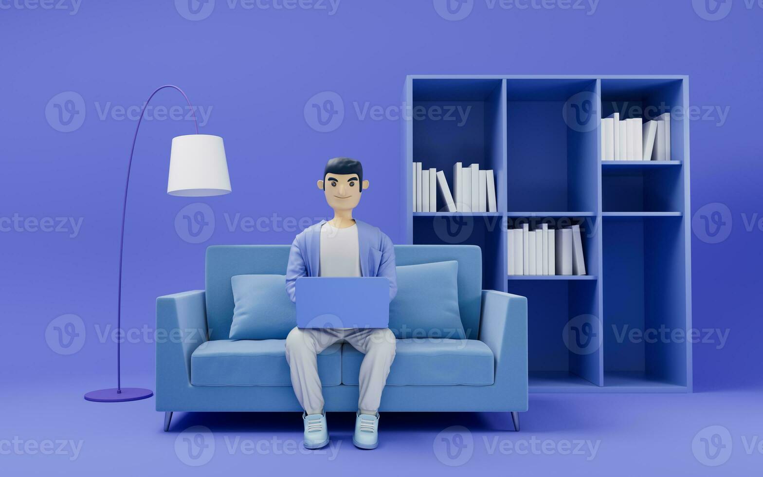 A cartoon man working in sofa, 3d rendering. photo