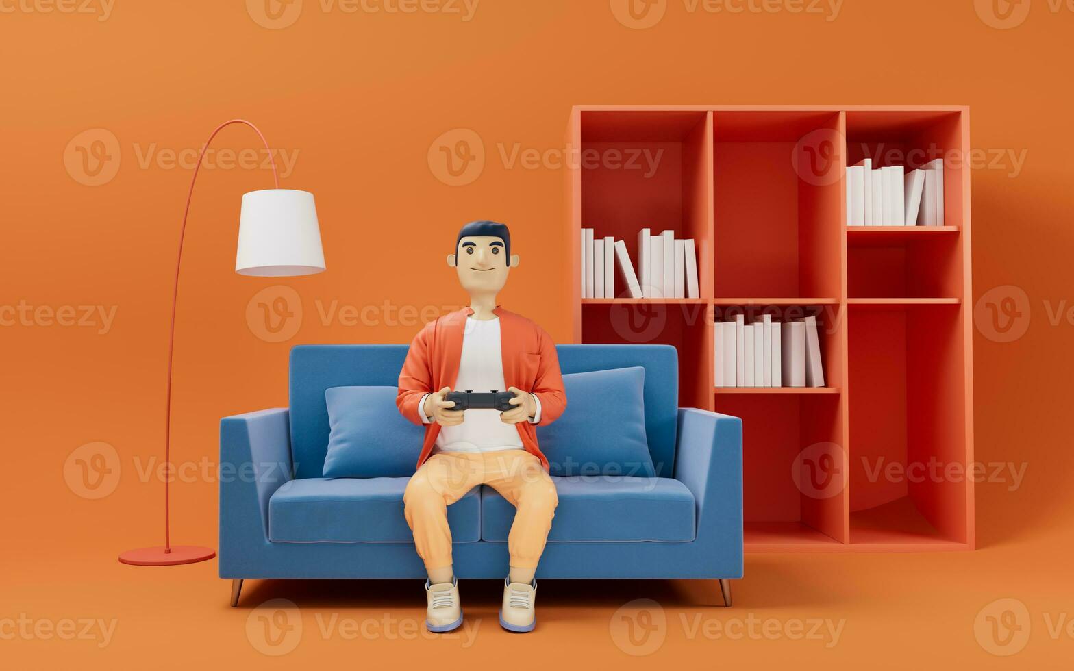 un dibujos animados hombre jugando juego en sofá, 3d representación. foto