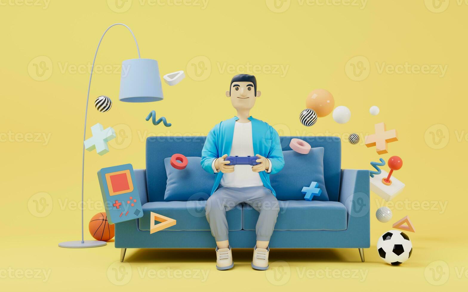 A cartoon man playing game in sofa, 3d rendering. photo