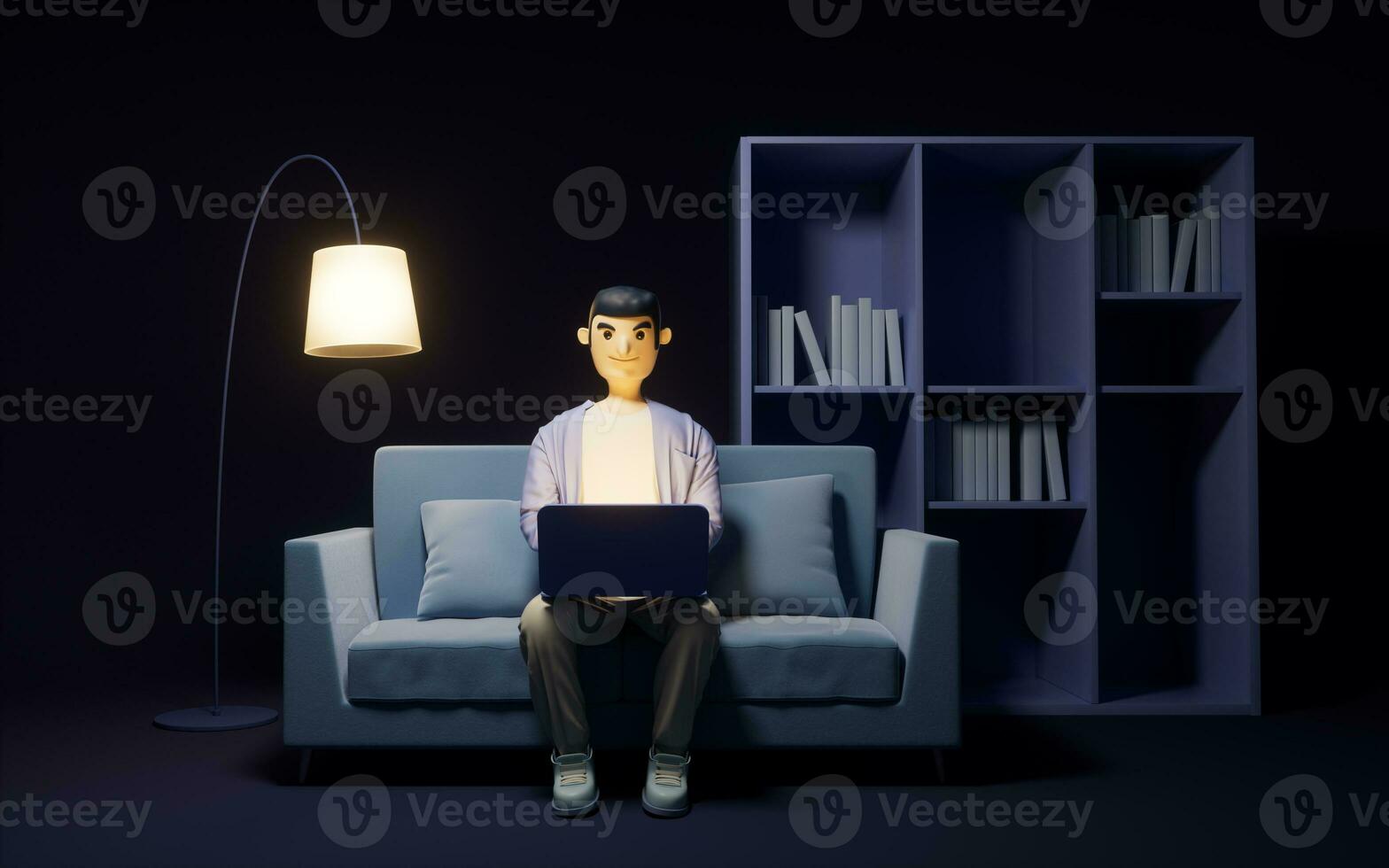 A cartoon man working in sofa, 3d rendering. photo