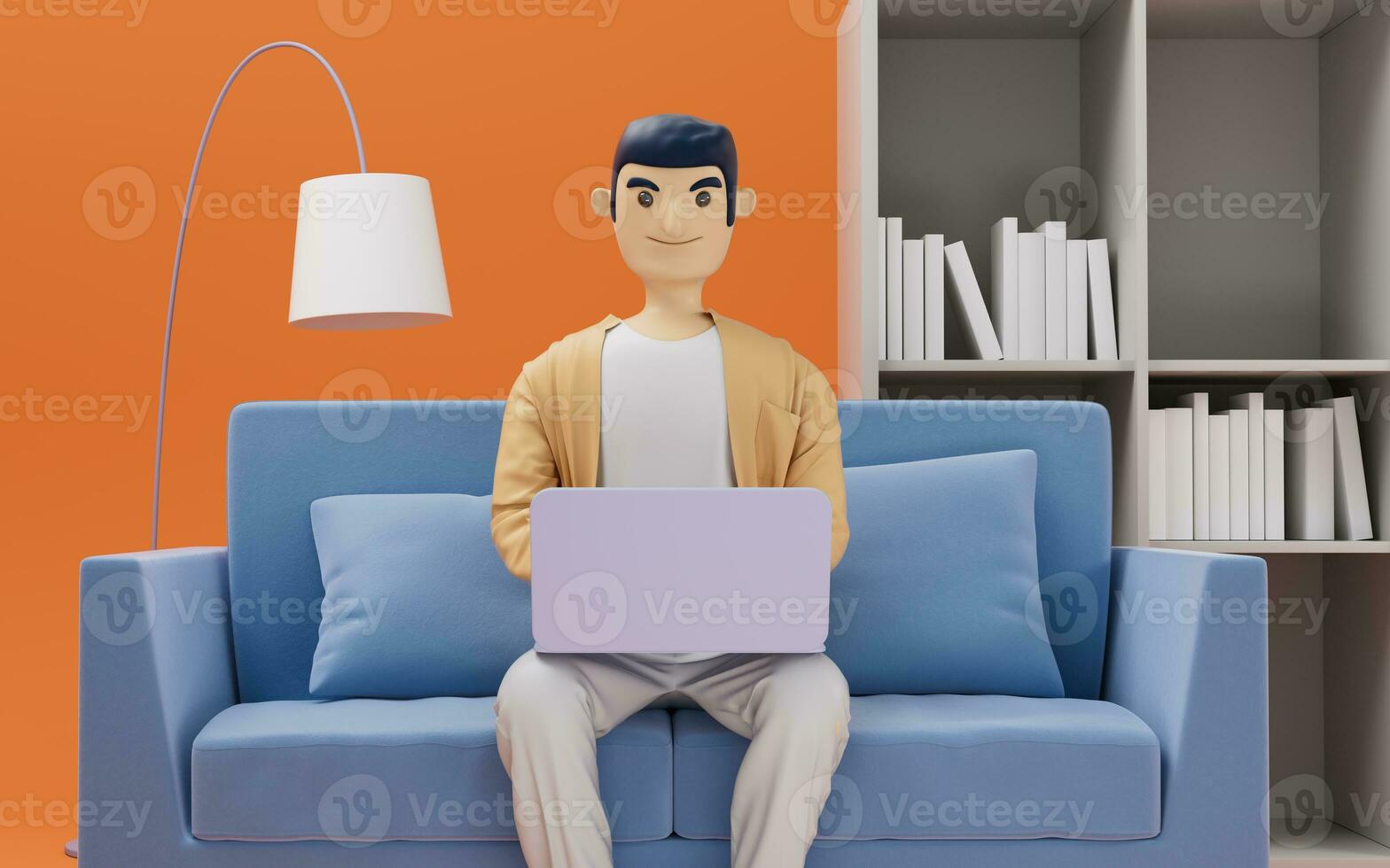 A cartoon man working in sofa, 3d rendering. photo