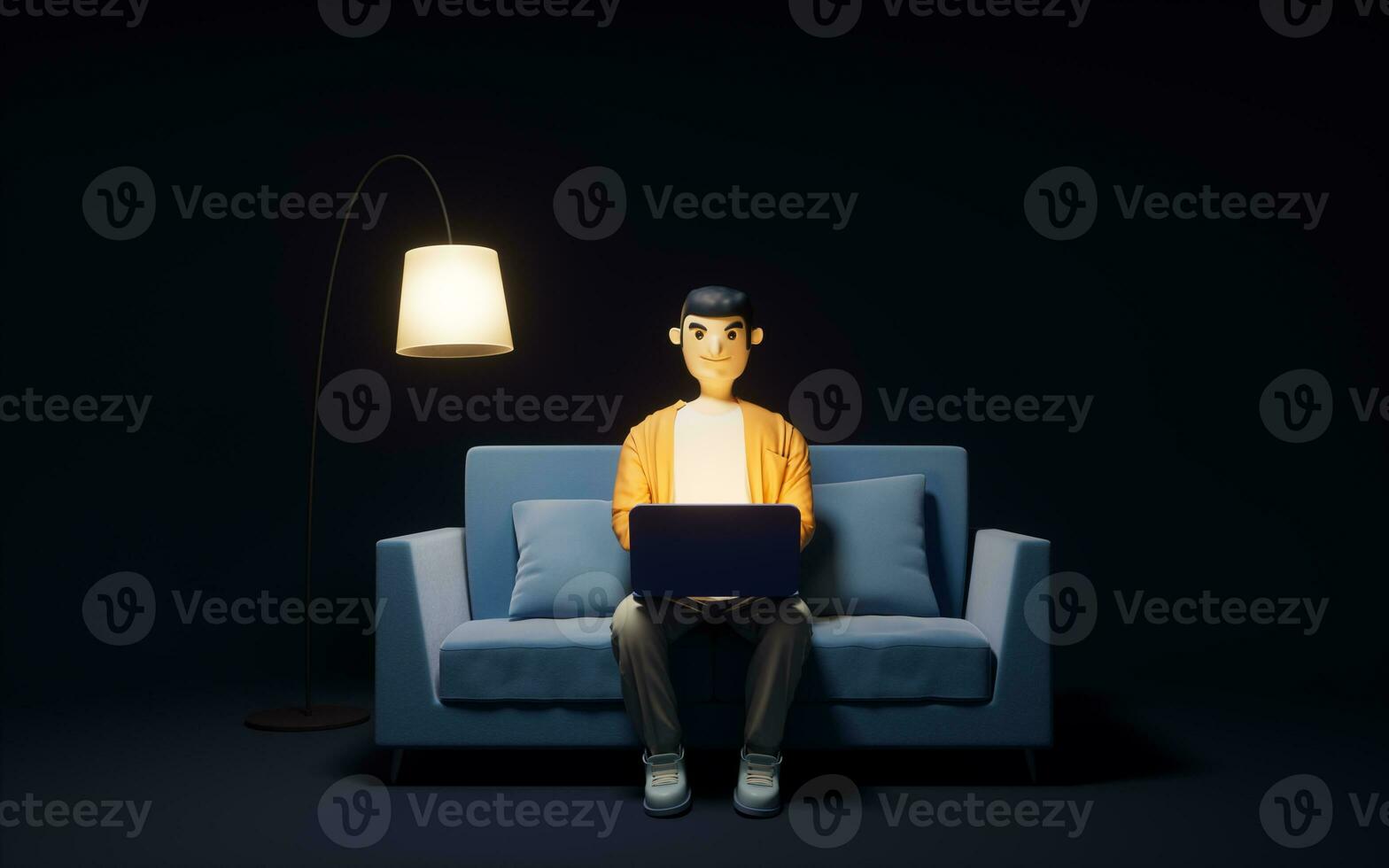 A cartoon man working in sofa, 3d rendering. photo