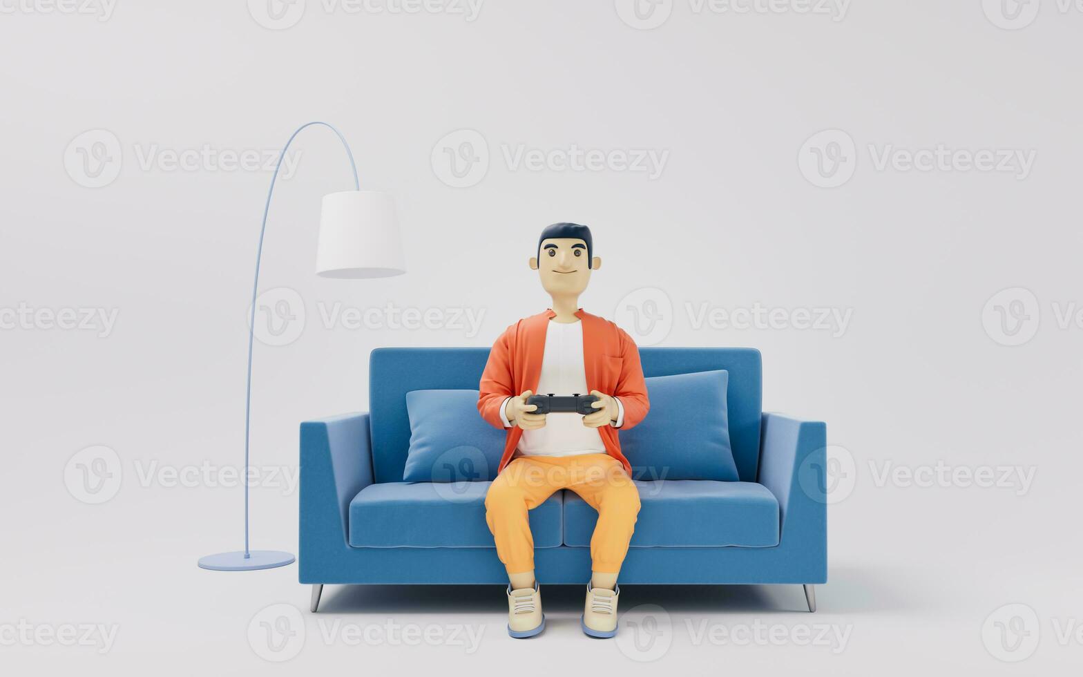 un dibujos animados hombre jugando juego en sofá, 3d representación. foto