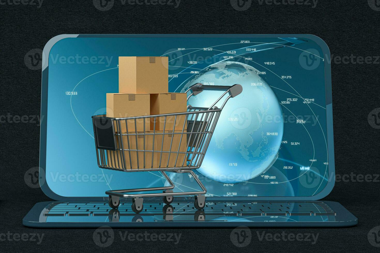 Shopping cart and laptop, online shopping concept, 3d rendering. photo