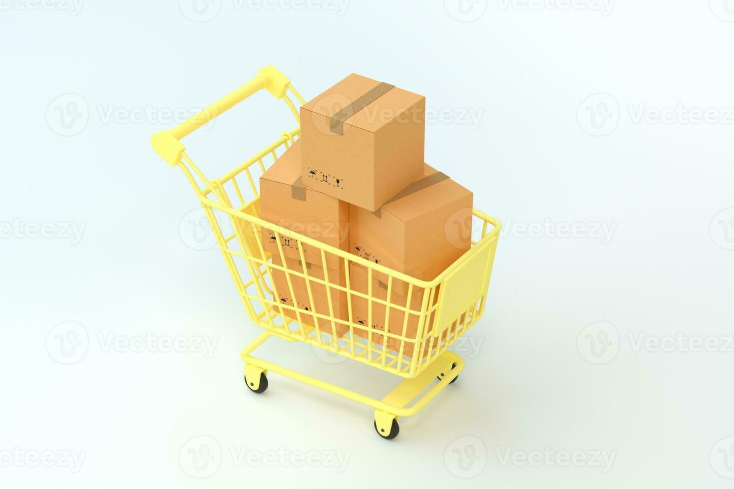 Package boxes and yellow shopping cart, 3d rendering. photo