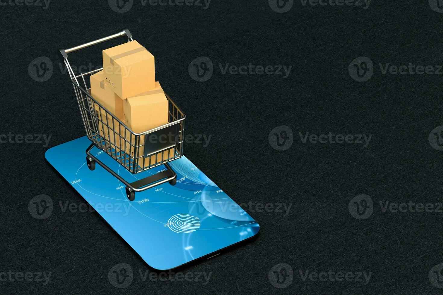 Shopping cart and mobile phone, 3d rendering. photo