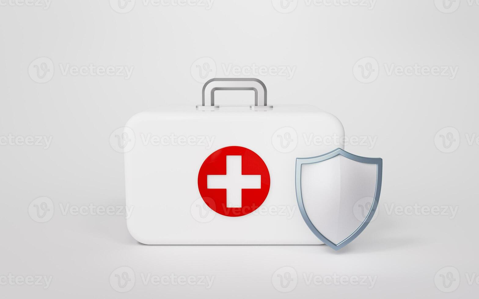 Shield and medical kit with white background, 3d rendering. photo