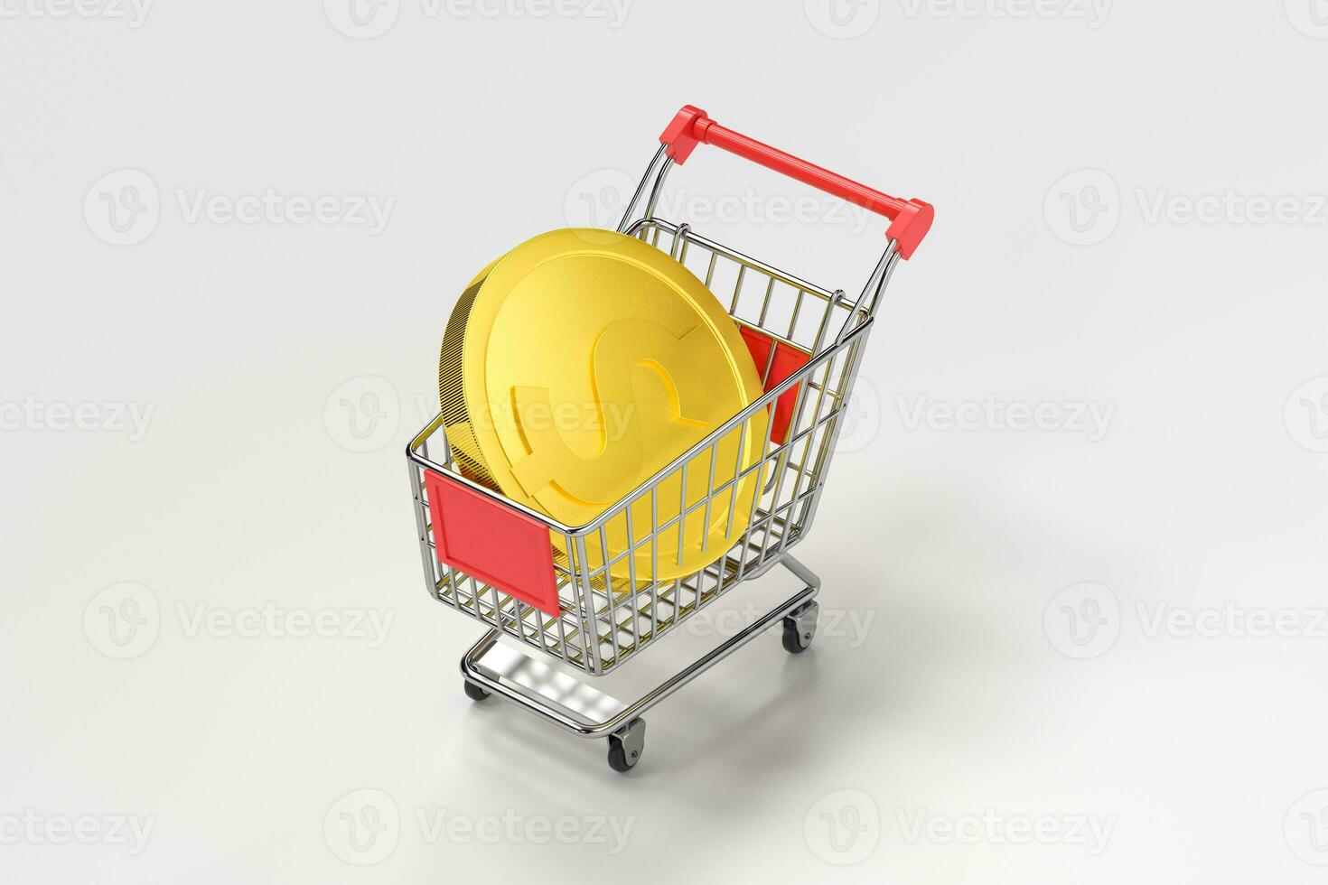 Shopping cart with golden coins, 3d rendering. photo