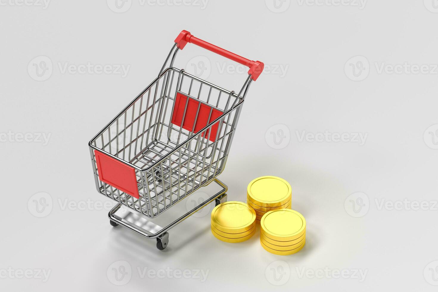 compras carro con dorado monedas, 3d representación. foto