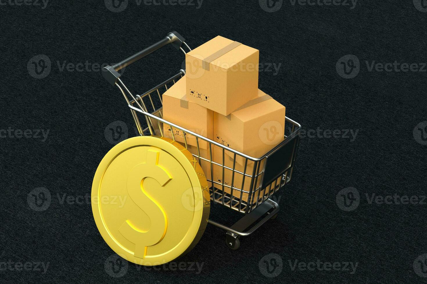 Shopping cart and golden coin, 3d rendering. photo