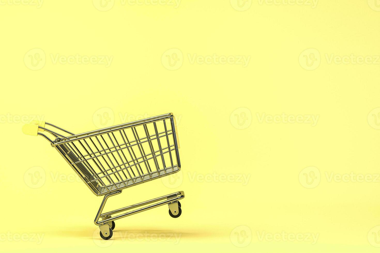 Empty shopping cart with yellow background, 3d rendering. photo