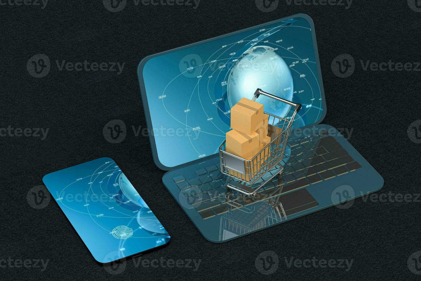 Shopping cart, mobile phone and laptop, 3d rendering. photo