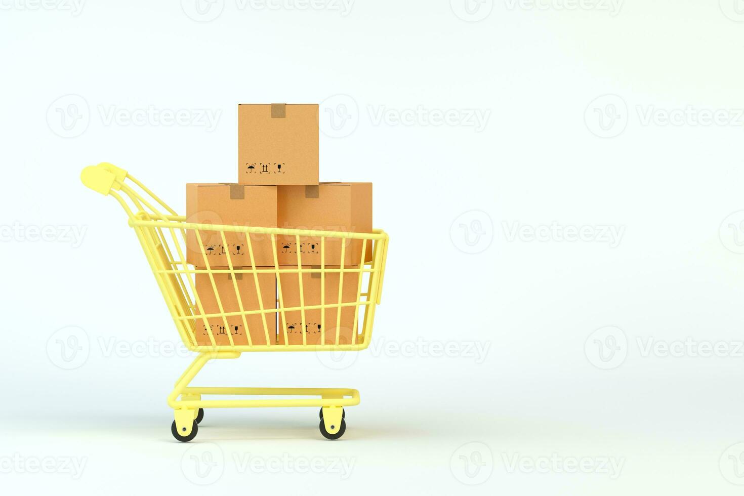 Package boxes and yellow shopping cart, 3d rendering. photo