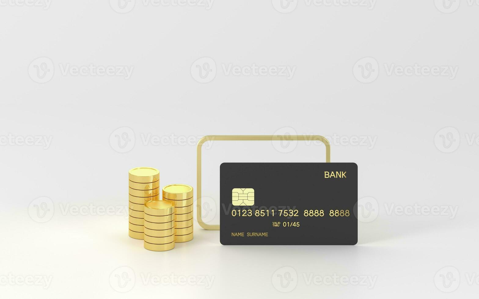 banco tarjeta y oro monedas, 3d representación. foto