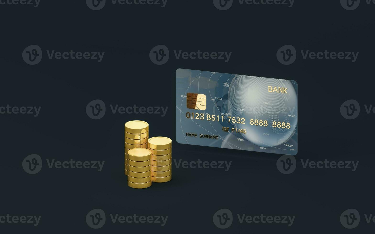 Bank card and gold coins, 3d rendering. photo
