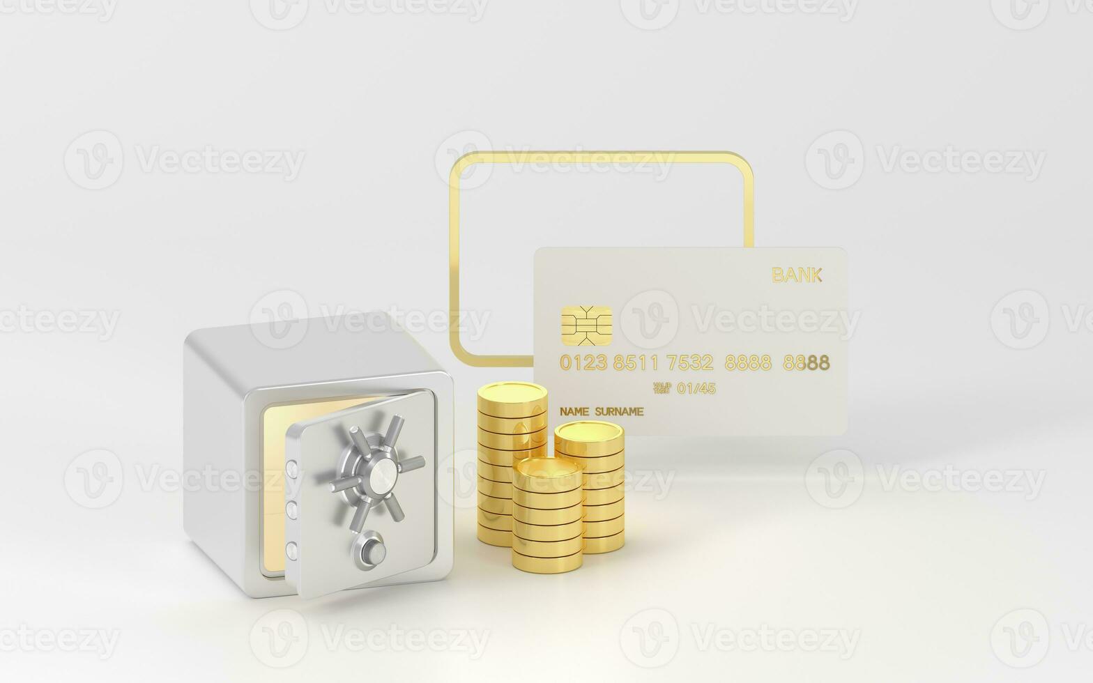 Safe box and gold coins with white background, 3d rendering. photo