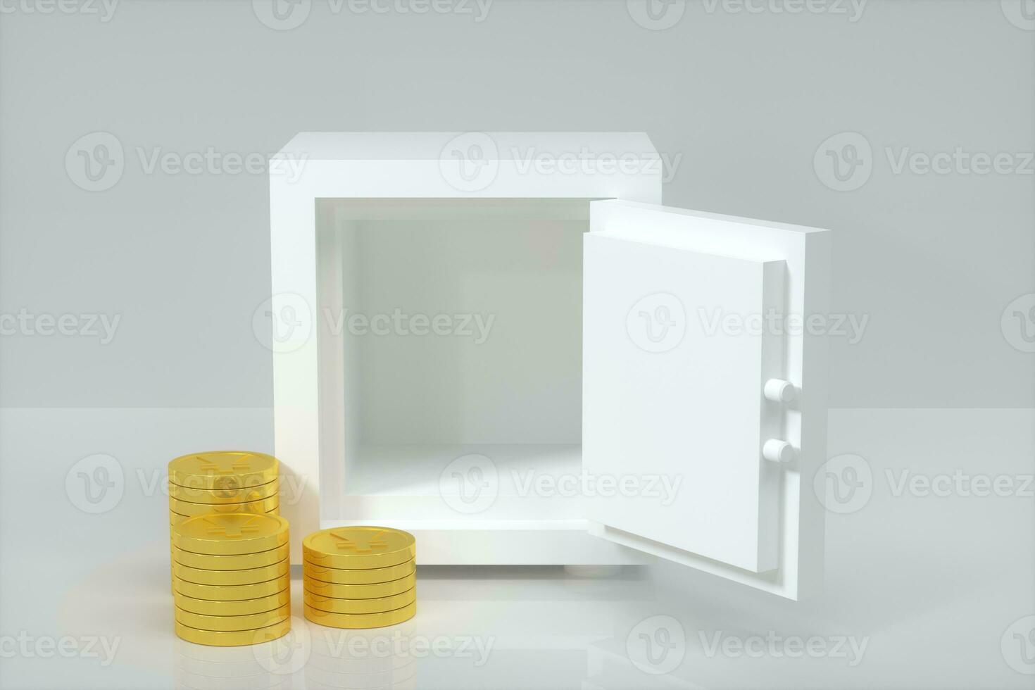 Mechanical safe, with shiny golden coins beside, 3d rendering. photo