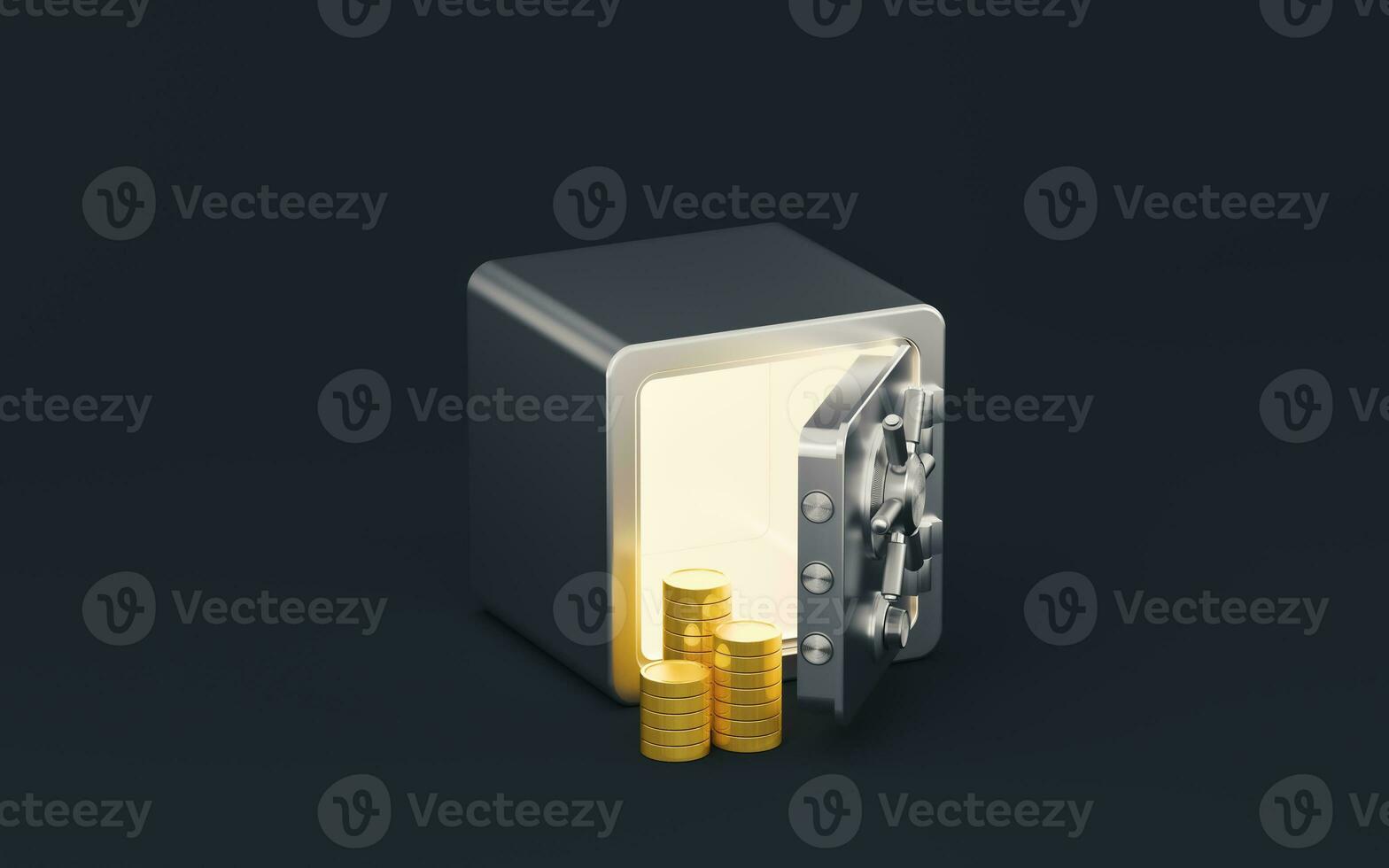 Gold coins and safe box with dark background, 3d rendering. photo