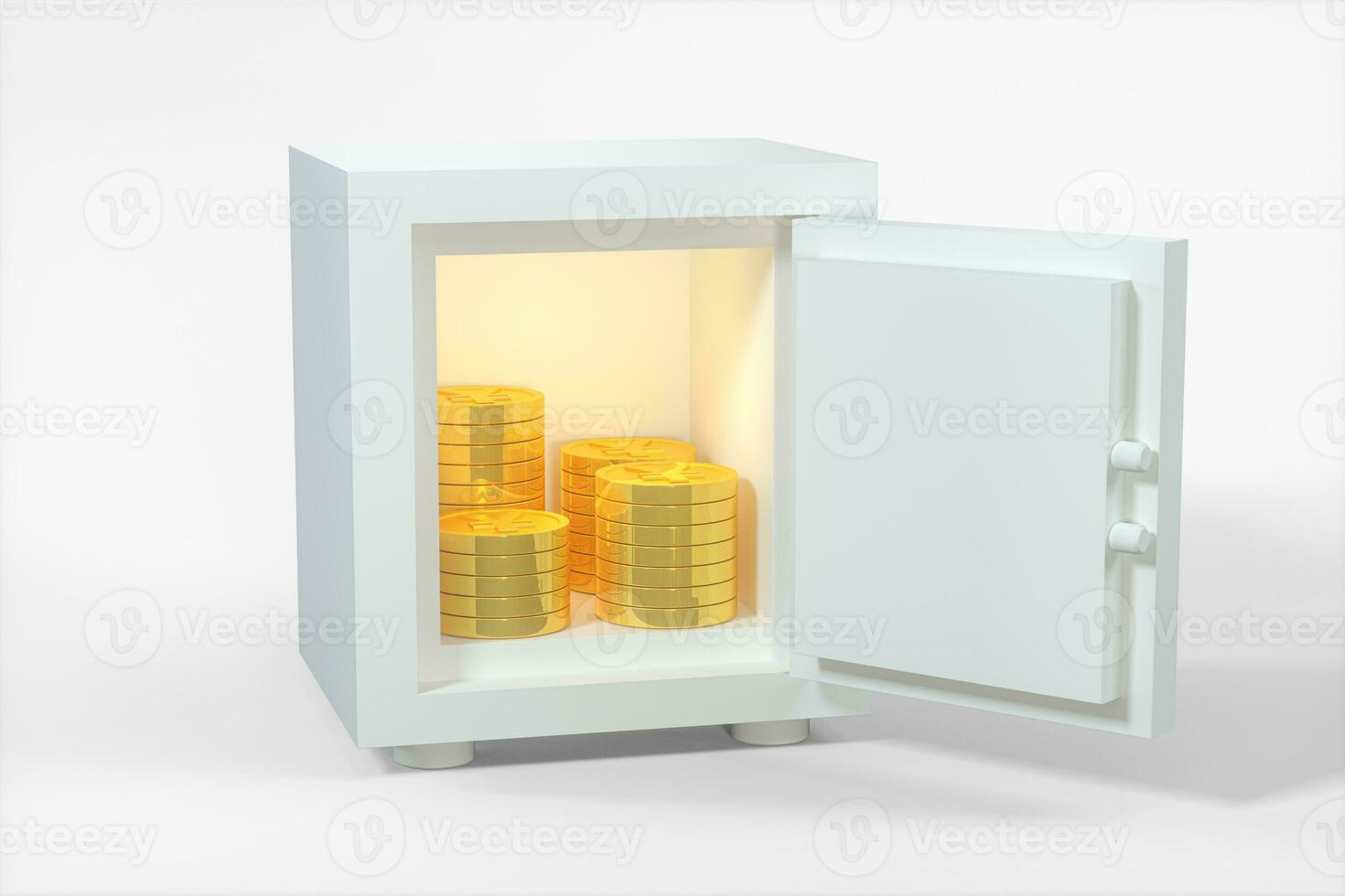 Mechanical safe, with shiny golden coins inside, 3d rendering. photo