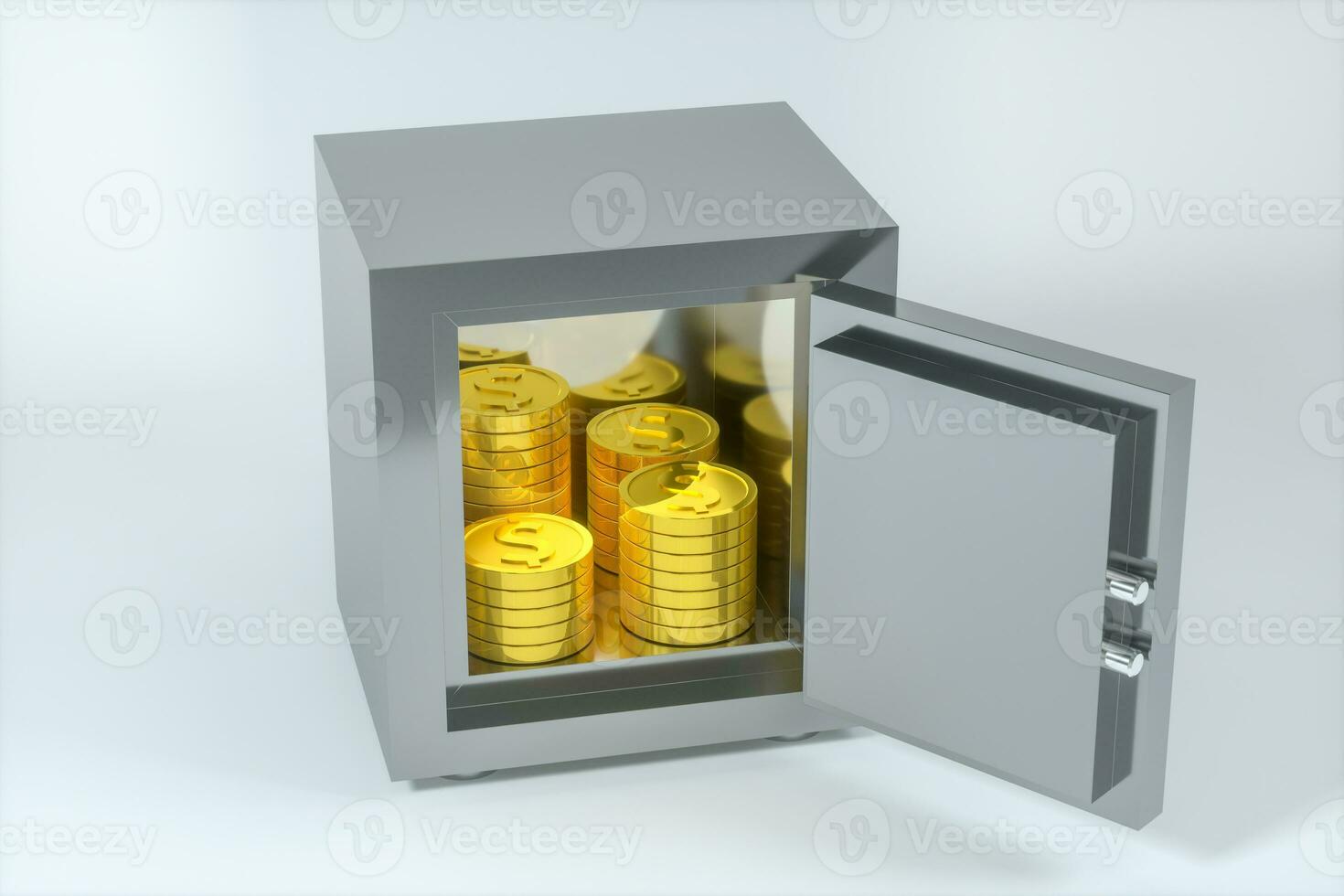 Mechanical safe, with shiny golden coins inside, 3d rendering. photo