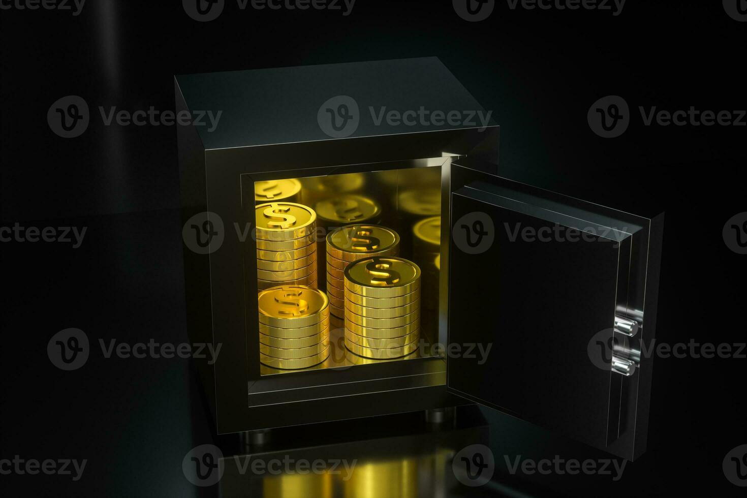 Mechanical safe, with shiny golden coins inside, 3d rendering. photo