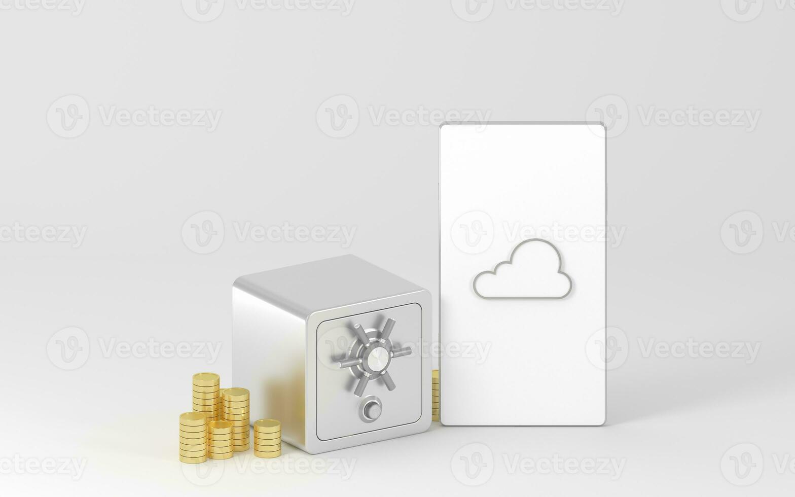 Safe box and gold coins with white background, 3d rendering. photo