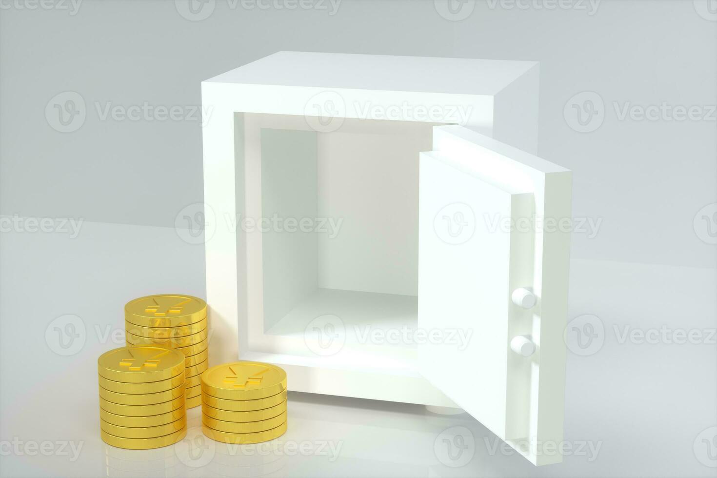 Mechanical safe, with shiny golden coins beside, 3d rendering. photo