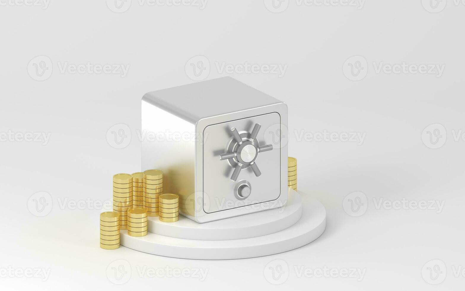 Safe box and gold coins on the stage, 3d rendering. photo