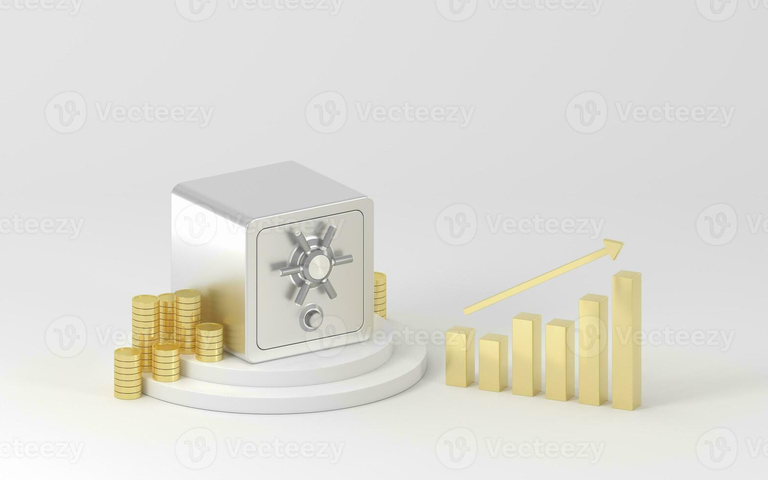 Safe box and gold coins on the stage, 3d rendering. photo
