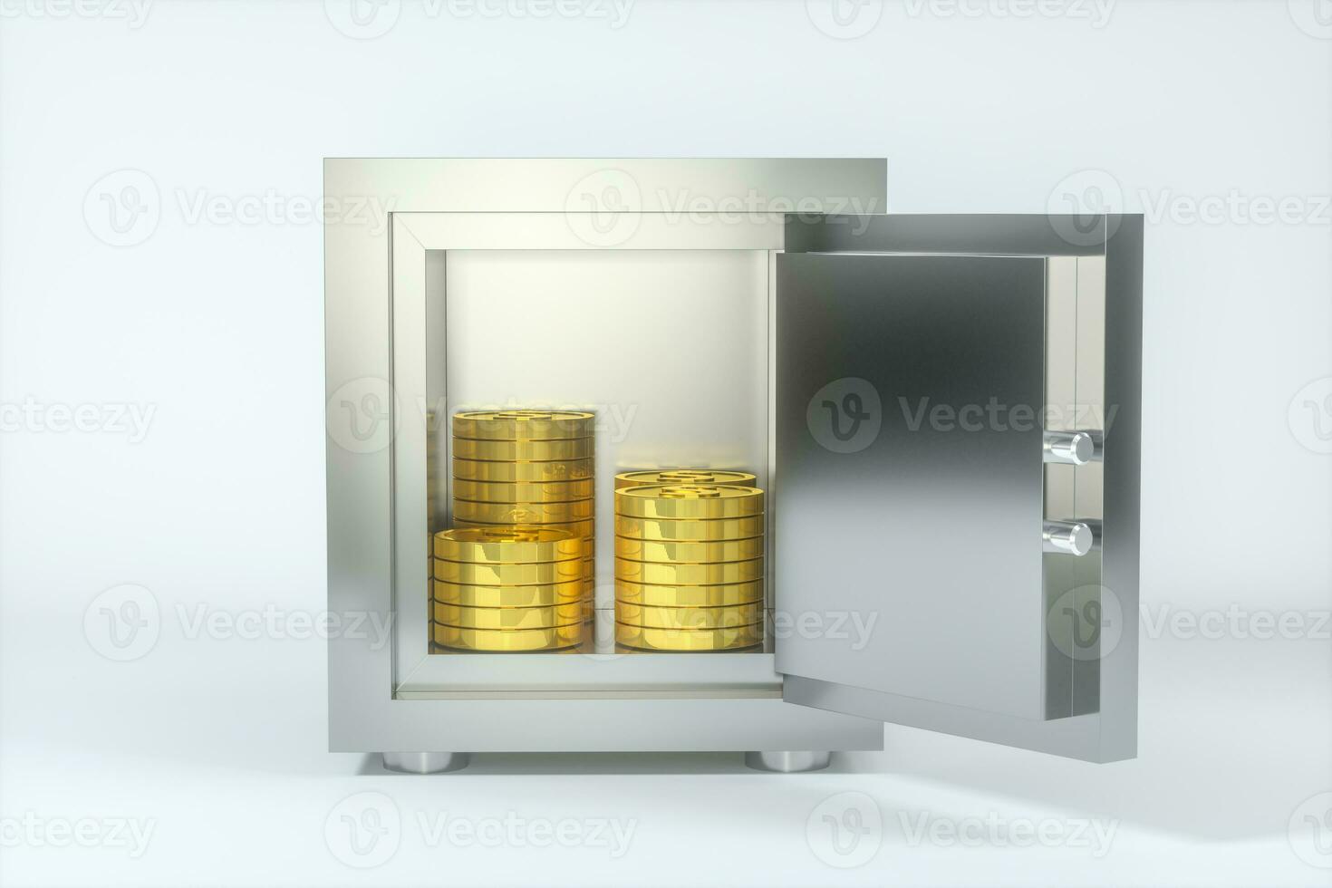 Mechanical safe, with shiny golden coins inside, 3d rendering. photo