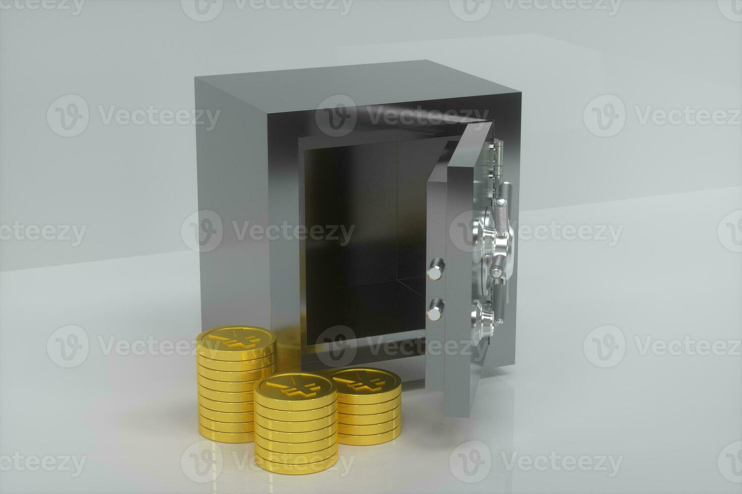 Mechanical safe, with shiny golden coins beside, 3d rendering. photo