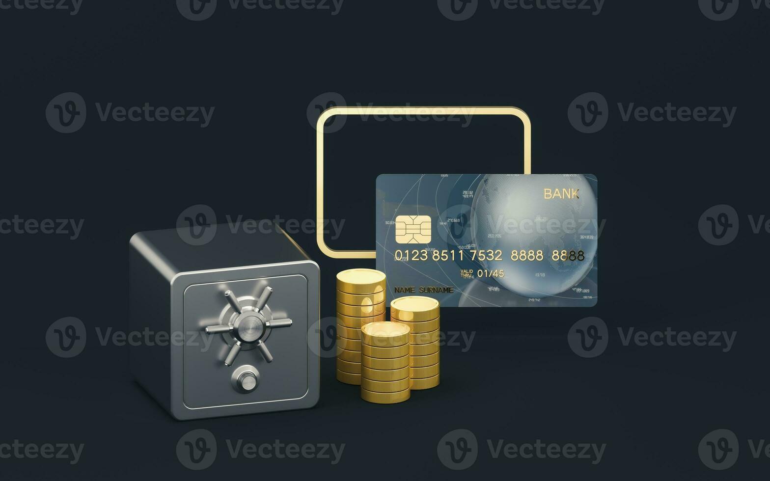 Gold coins and safe box with dark background, 3d rendering. photo