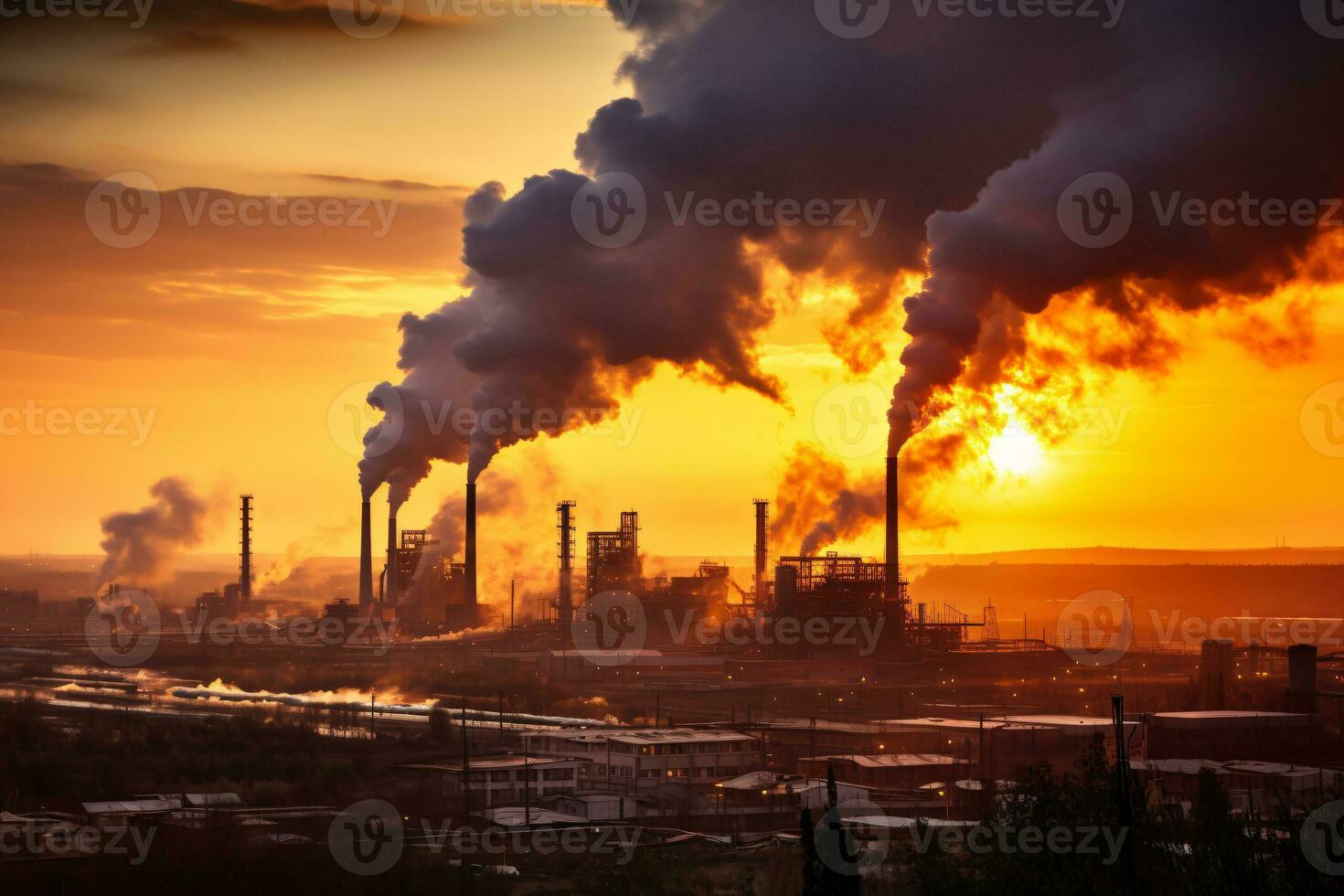 Industrial factory tall smokestacks released smoky emissions from smoke pipes. CO2 greenhouse gas, deteriorating air quality, air pollution, and climate change. Carbon dioxide gas. Generative AI. photo