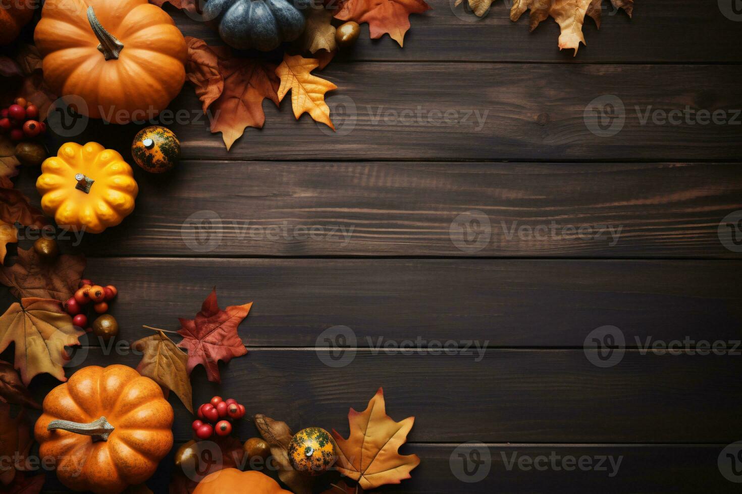 Thanksgiving background. Top view black wood table decor from pumpkin, red berry, dry leaves with copy space. Autumn and fall season background. Thanksgiving day or Halloween concept. Generative AI. photo