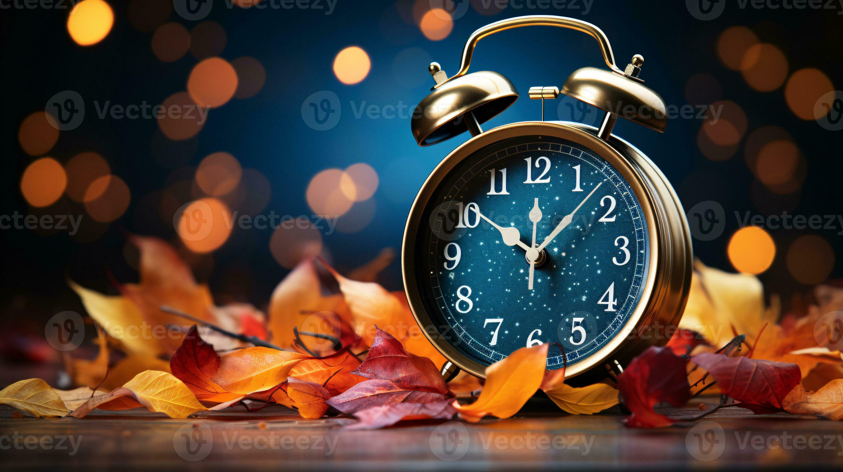 Daylight Saving Time. Alarm clock and orange color leaves on wooden