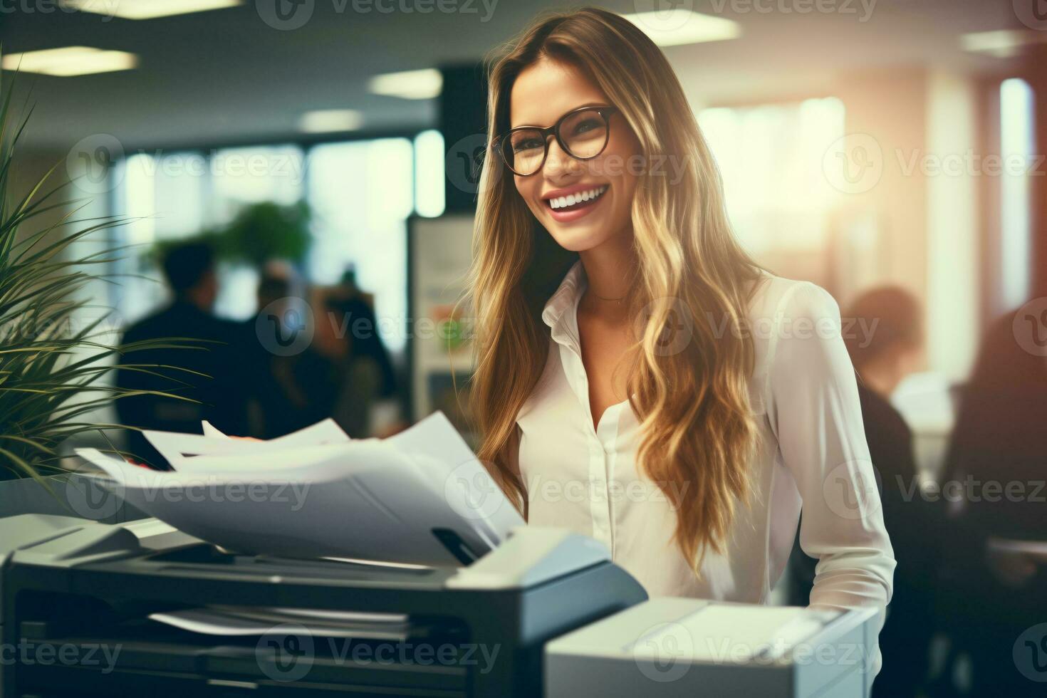 Office worker prints paper on multifunction laser printer. Document and paperwork concept. Secretary work. Smiling woman working in business office. Copy, print, scan, and fax machine. Generative AI. photo