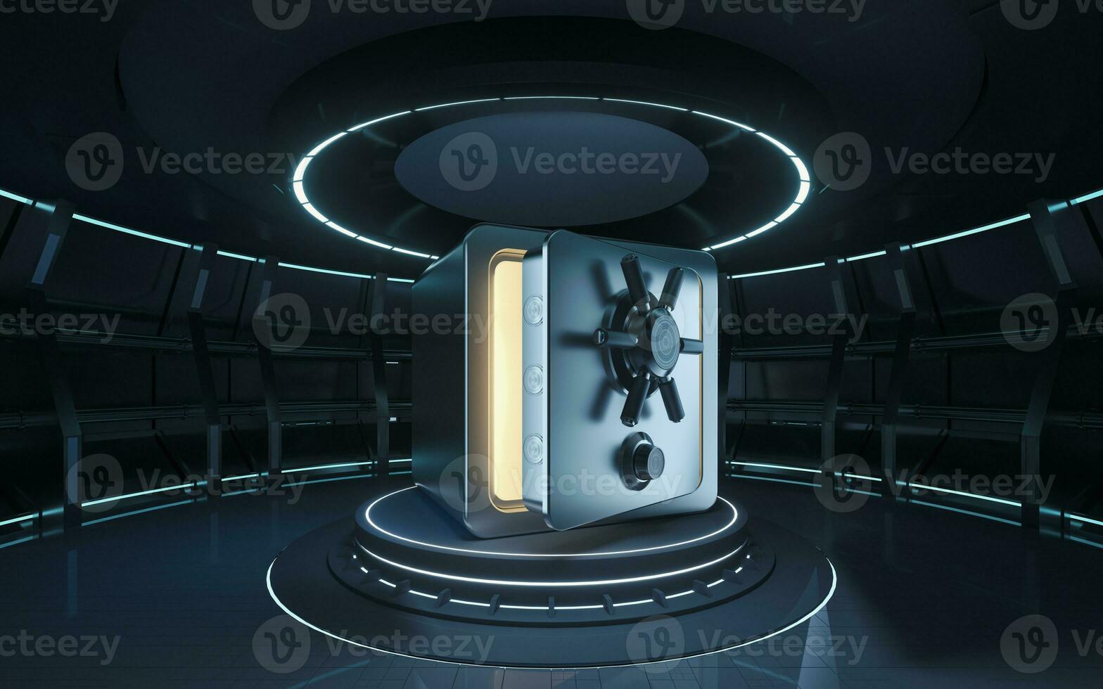 Safe box in the futuristic room, 3d rendering. photo